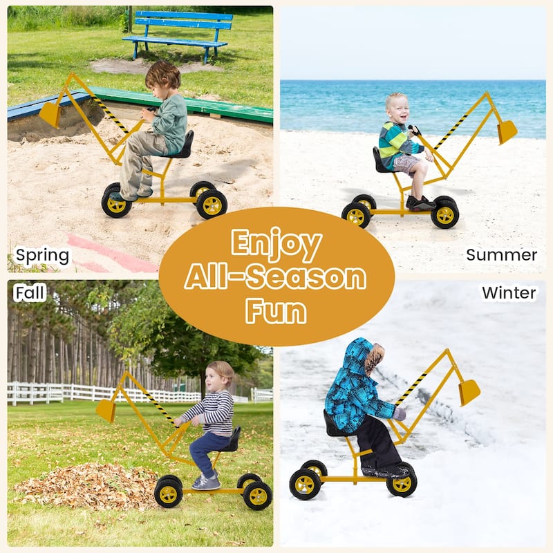 Kids Ride-On Sand Digger Toy with Rotating Seat and Bucket, Metal Frame Excavator for Ages 3+ - 48" x 16" x 26"