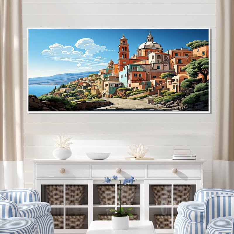 Designart "Italian Village By The Coast II" Landscape Italy Green Wall Decor - Global Entryway Framed Wall Art - 60 in. wide x 28 in. high - White