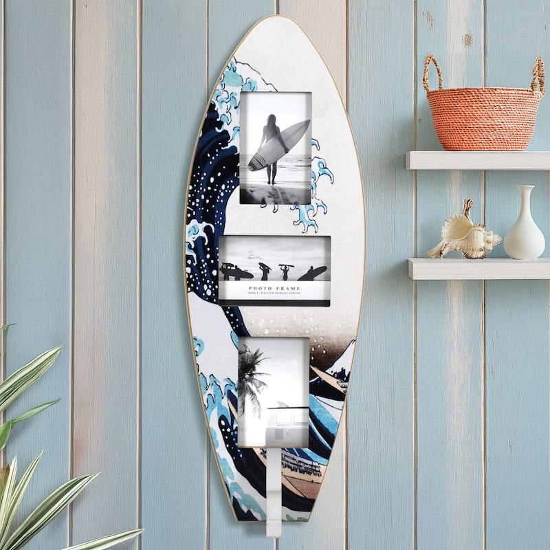 American Art Decor Surfboard Photo Collage Wall Decor - 8 or 3 - Photo Beach Frame - 3 Photos Great Wave Off Kanagawa