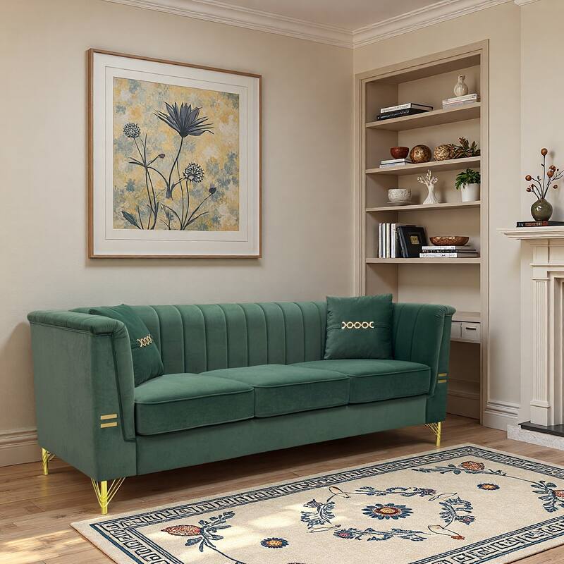 Chesterfield Velvet Button Tufted Sofa, Luxury 3-Seater Couch with 2 Pillows