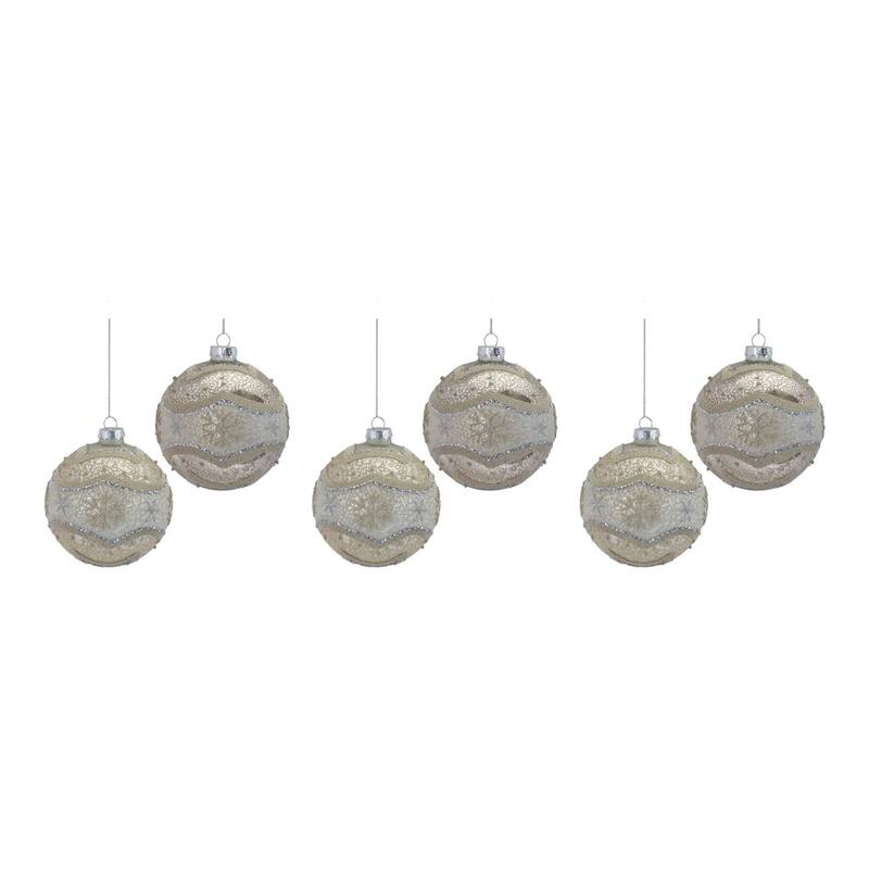 Glittered Snowflake Christmas Ball Ornaments 4" 100mm Beige Silver 6ct