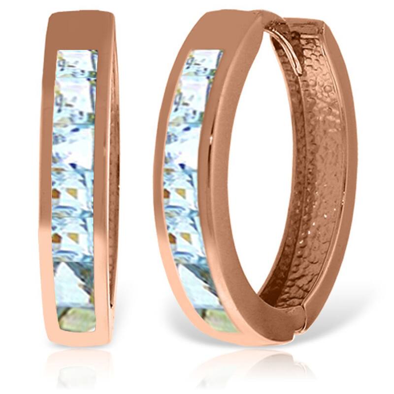 14K Solid Gold Hoop Huggie Gmstone Earrings w/ Natural Aquamarines - Rose