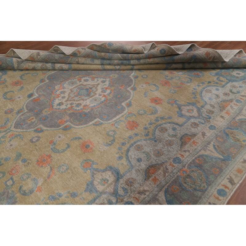 Hand Knotted Oriental 100% Wool Carpet Traditional Medallion Yellow & Gold Tabriz Area Rug - 12' 11'' X 9' 6''