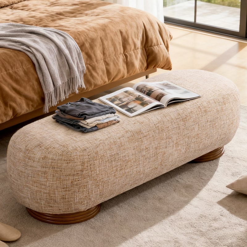 59-Inch Chenille Upholstered Ottoman Bench with Acacia Solid Wood Frame - 59.1"L x 19.1"H x 20.1"D