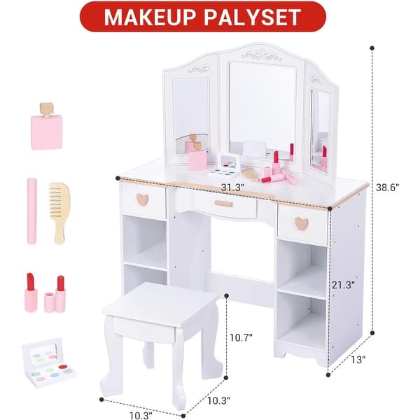 Kids Play Vanity Table Set with Mirror and Stool, Toddler Makeup Desk