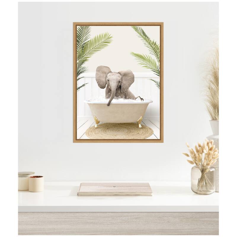 Kate and Laurel Sylvie Baby Elephant 3 in Palms Bathtub Framed Canvas by Amy Peterson