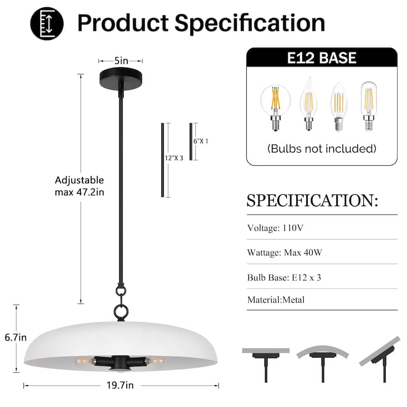 LamQee 20" Pendant Light Metal Dome Ceiling Hanging Chandelier - 19.7 inch