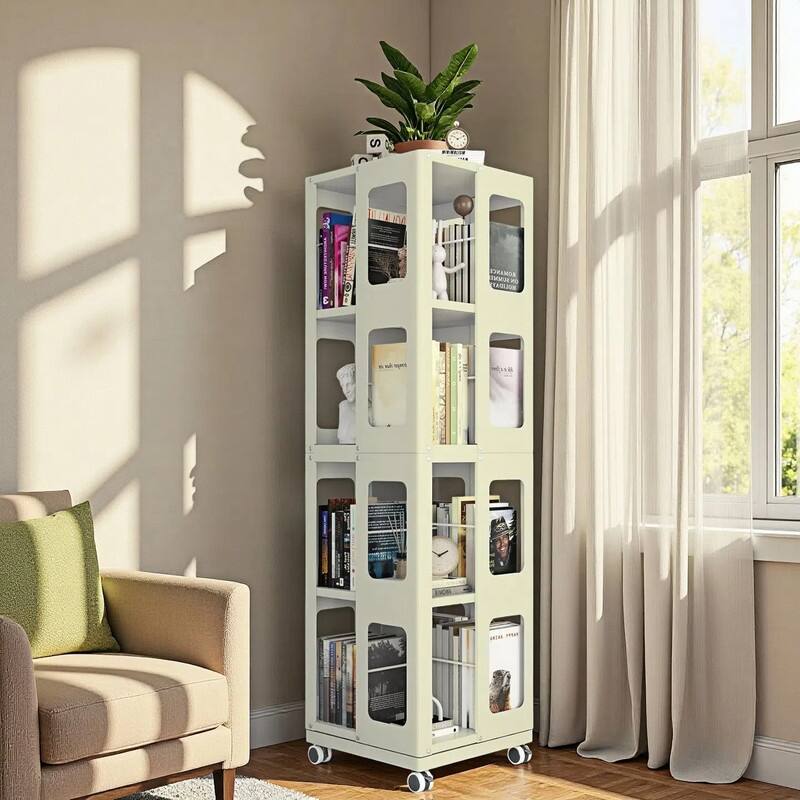 Rotating Bookshelf Tower 4 Tier All-Steel with 360° Wheels，Moveable Storage Rack Corner Bookshelf