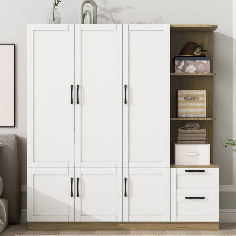 3 Doors Armoire Wardrobe Closet with 3 Side Shelves 2 Drawers, Wooden Bedroom Armoires with Hanging Rod for Bedroom - White