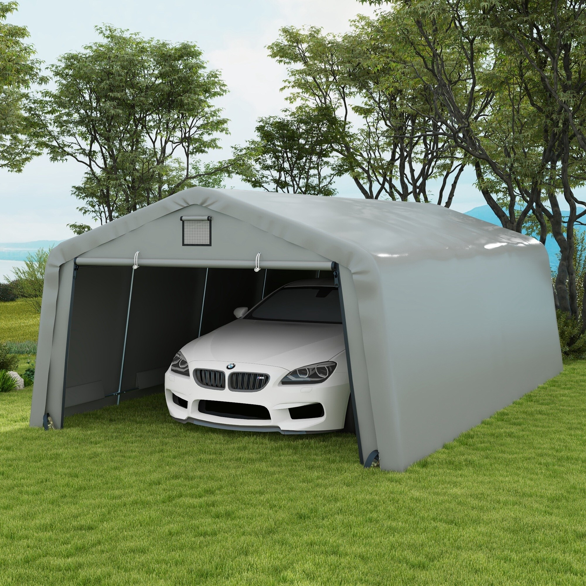 Outsunny 12 x 20 Heavy Duty Carport Portable Garage Canopy Tent with 2 Ventilation Windows and Large Door for Car Truck