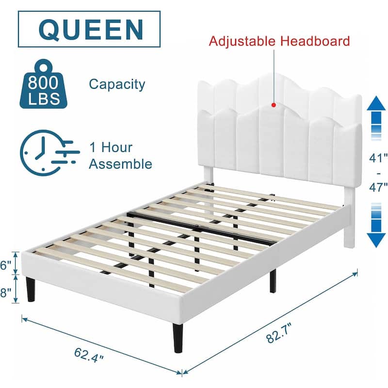 VECELO Modern Upholstered Platform Bed with Adjustable Headboard, Dark Blue/ White/ Grey/ Beige Bed Frames