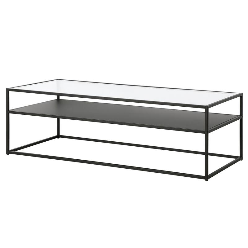 54" Modern Black Rectangular Glass Coffee Table with Steel Frame and Storage Shelf for Living Room - 54"L x 24"W x 17"H