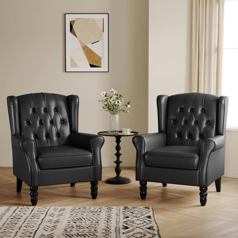 Button-Tufted Accent Club Chair Wingback Armchair Set of 2 - Black-Leather
