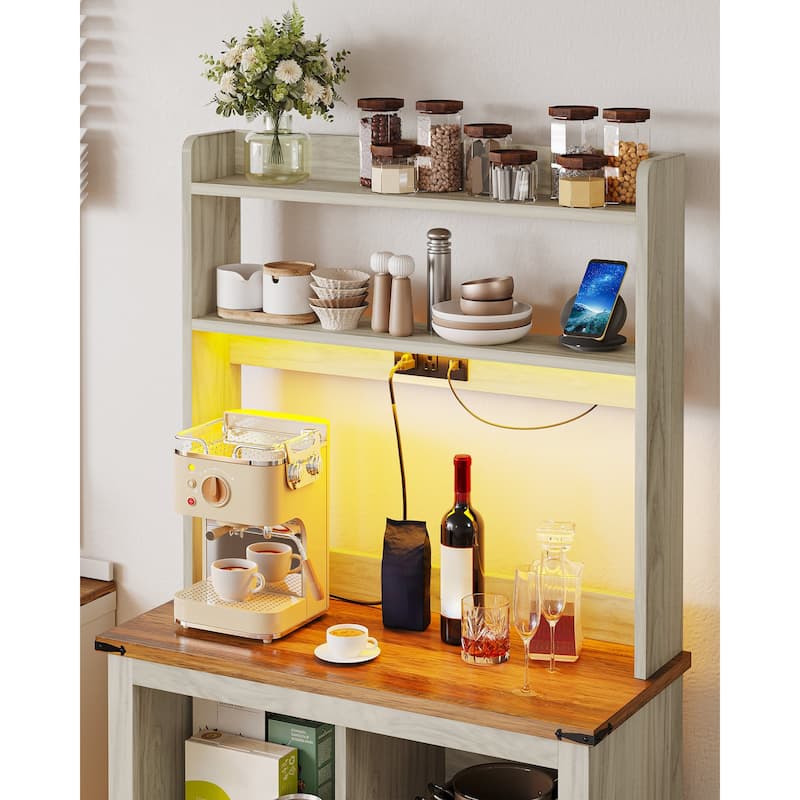 Moasis Farmhouse Kitchen Pantry Storage Cabinet Cupboard with Power Outlet, Microwave Stand and Adjustable Shelves