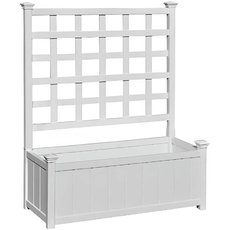 White Plastic Rectangular Outdoor Planter Box with Trellis and Drainage Holes - 36” L x 15” W x 48” H