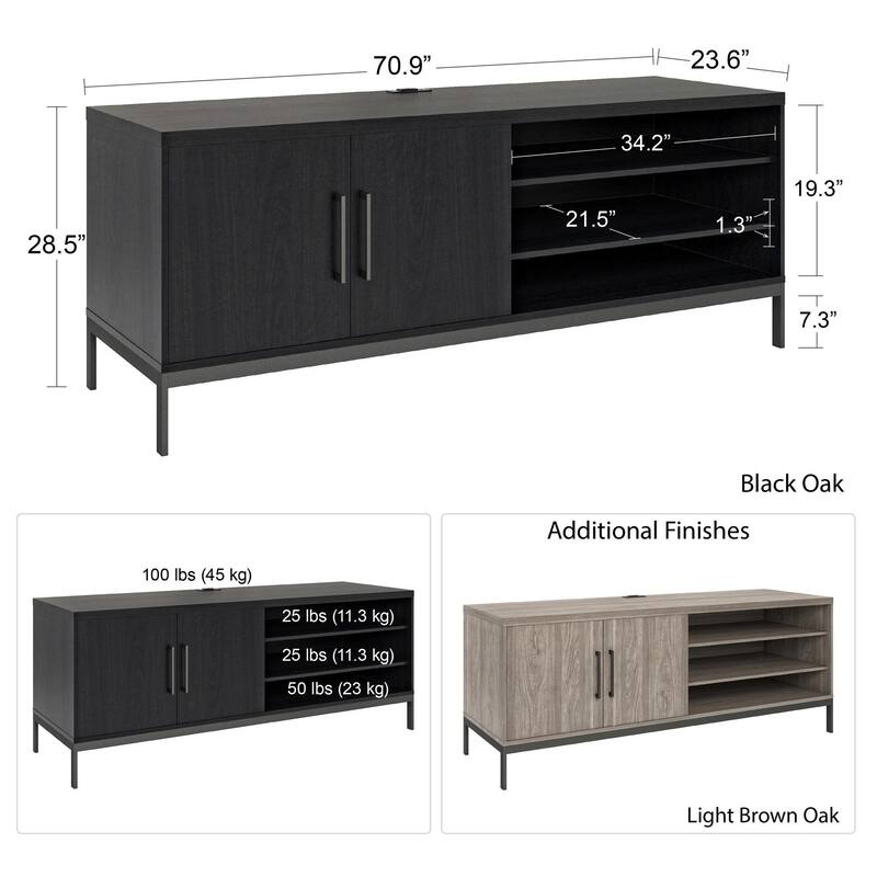 Roomfitters Parkside Credenza Sideboard with Sliding Doors and Built-In USB Power Hub, Light Oak Finish