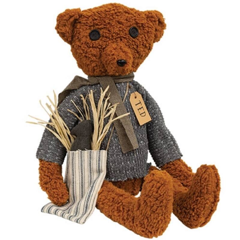 Fluffy Brown Sherpa Stuffed Bear with Knit Sweater and Scarf Vintage Style Soft Plush Toy - 24.5" H x 11" W x 6.5" D - Brown
