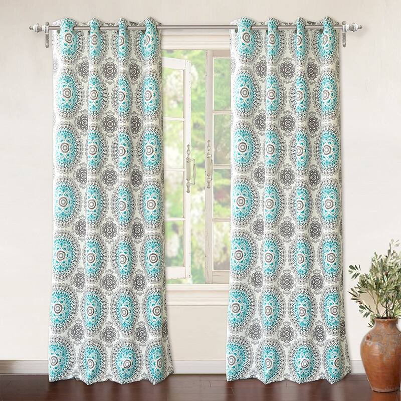 DriftAway Bella Medallion Printed Room Darkening Grommet Window Curtain Panel Pair - 52" width x 84 " length - aqua/gray