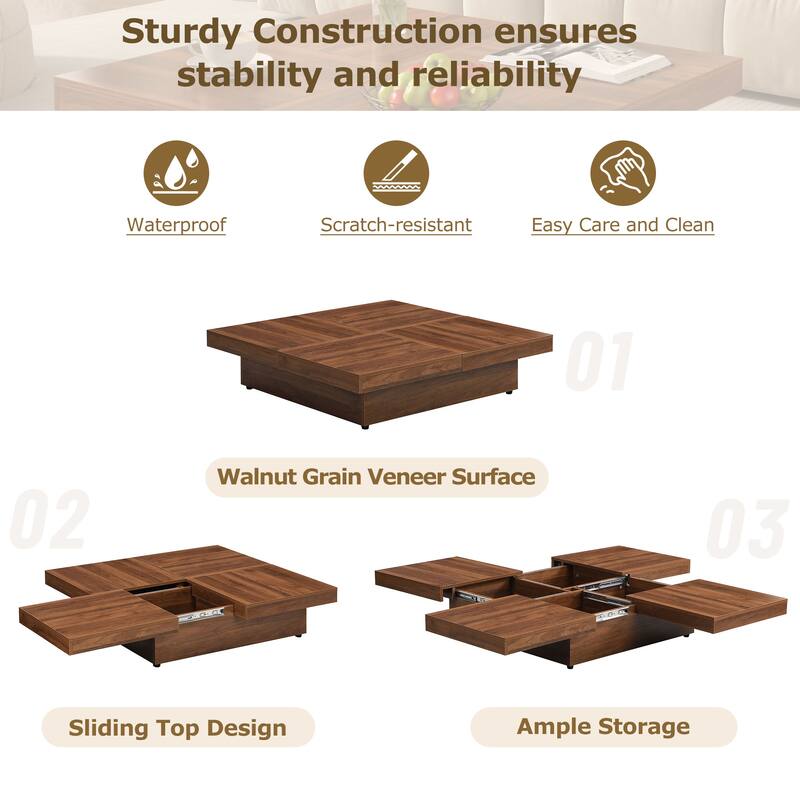 Modern Square Extendable Coffee Table with Sliding Top, Cocktail Table Center Table with 4 Hidden Storage Compartments for Home