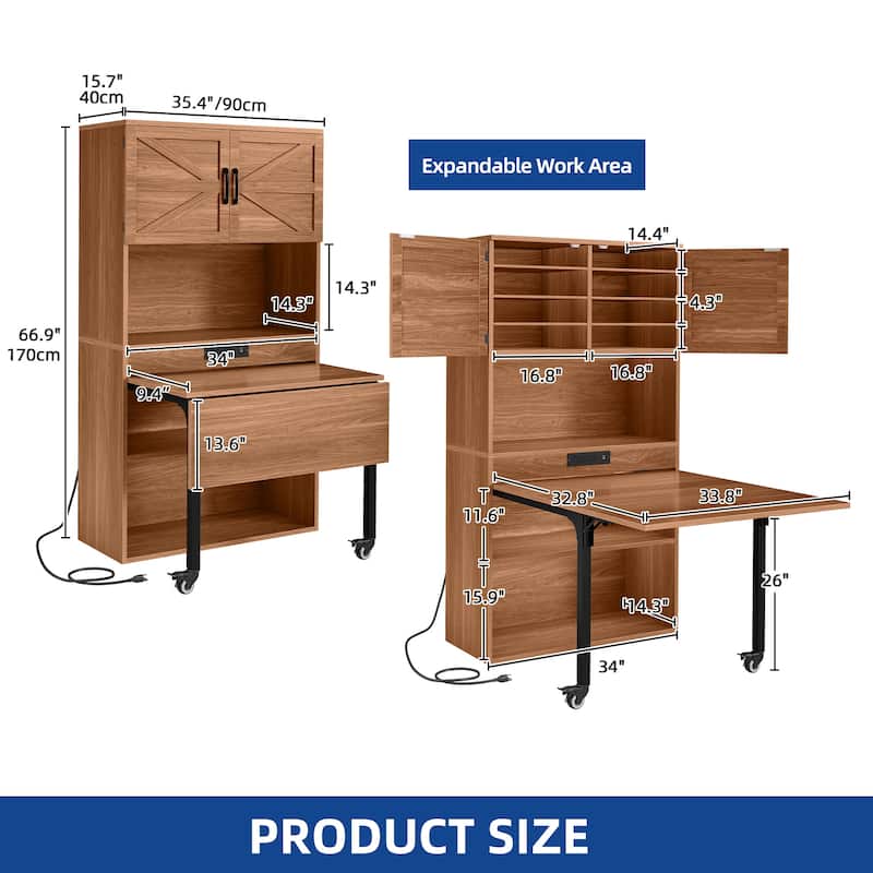 Moasis Expandable Crafting Table with Storage, Artwork Sewing Table with Cabinet and Magnetic Doors & Power Outlets