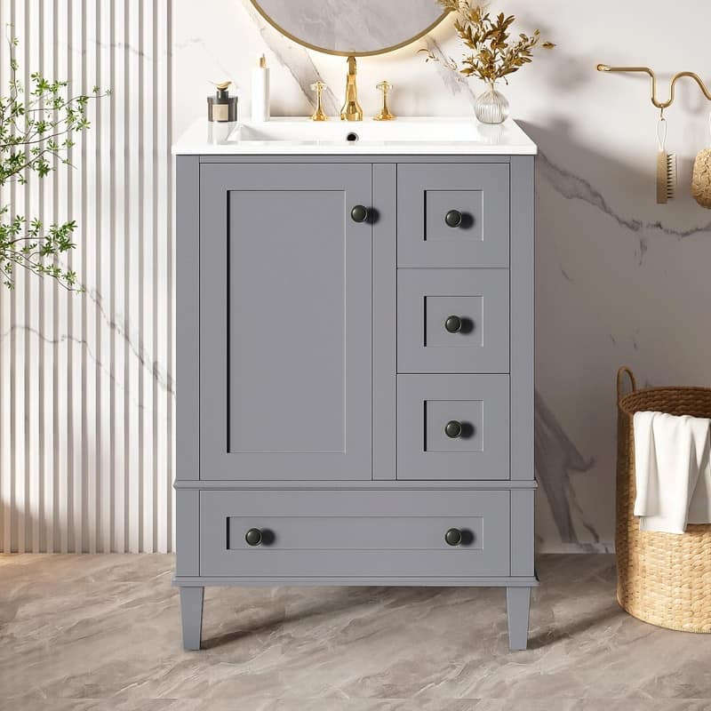 24" Bathroom Vanity with Ceramic Sink, Soft-Close Drawers, Soft-Close Door & Door-Mounted Shelf