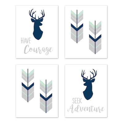 Sweet Jojo Designs Navy Blue Mint Grey Woodland Deer Woodsy Collection Wall Decor Art Prints (Set of 4) - Adventure