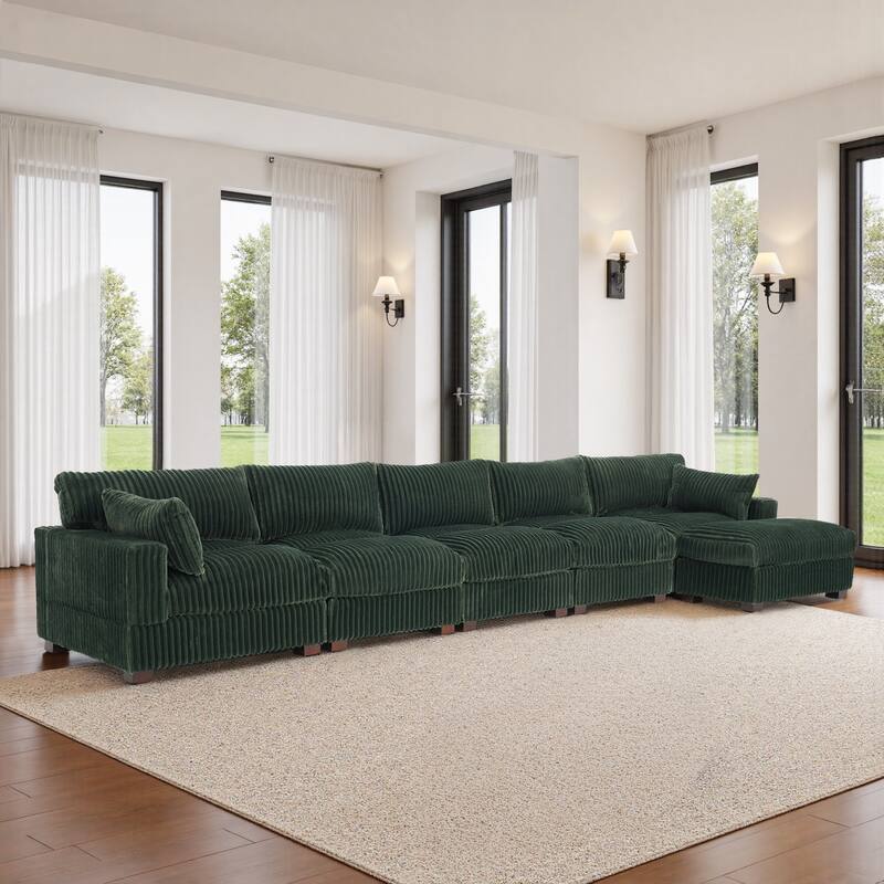 Cloud-Like Flannel Fabric Modular Sectional Sofa with Ottoman - Green