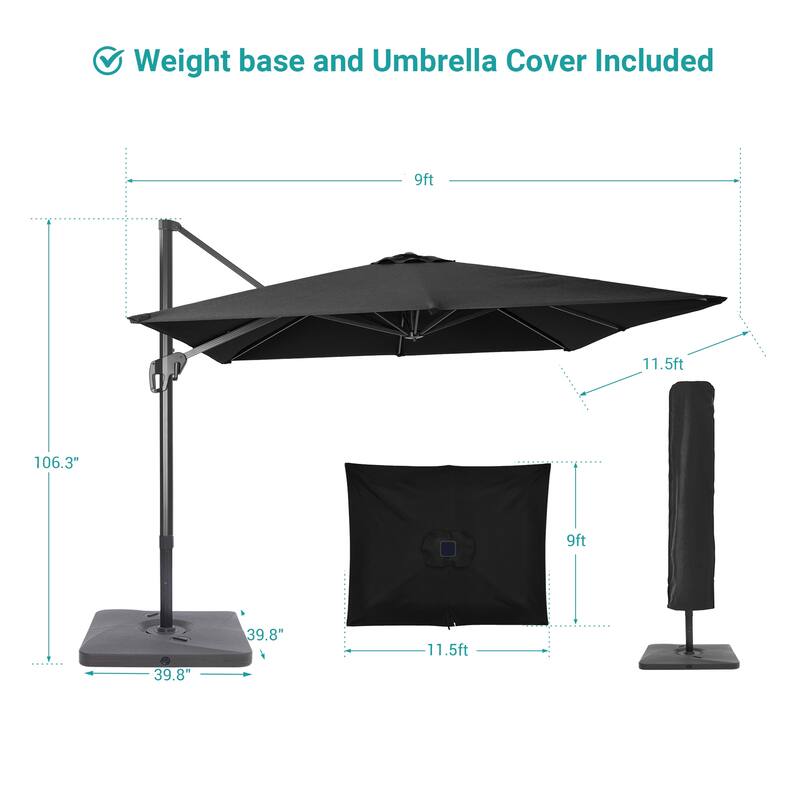 BONOSUKI Outdoor 11.5x9FT Cantilever Patio Umbrella 360 Rotation w/Base