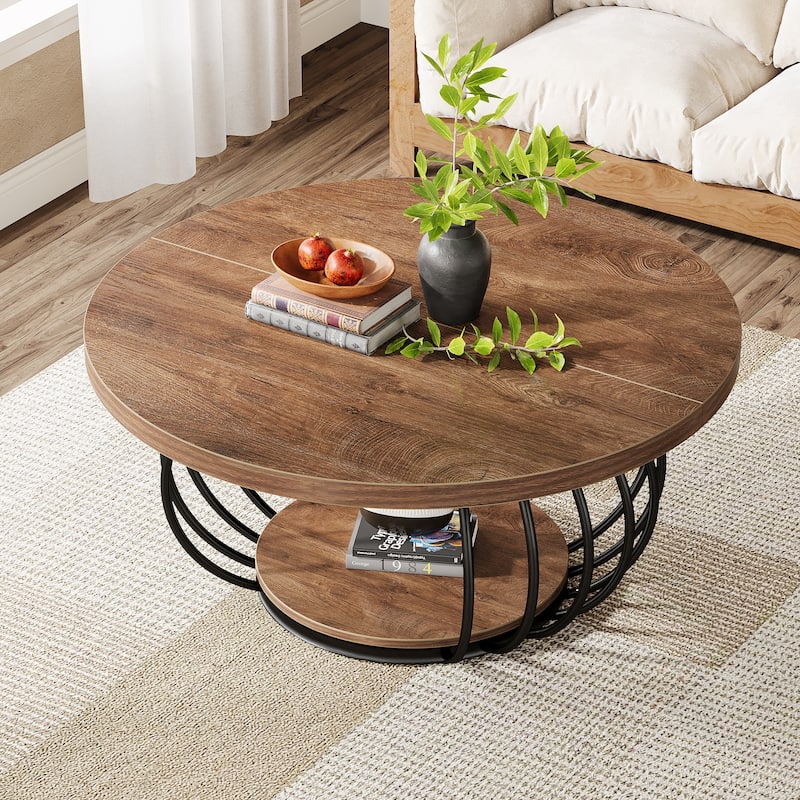 39.4" Rustic Wood Round Coffee Table with 2-Tier Storage - 39.37"D x 39.37" W x 18.11" H