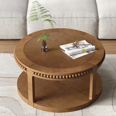 Round Wood Coffee Table Sofa Table with Two-Tier Thickened Top, Accent Table End Table with Solid Wood Legs