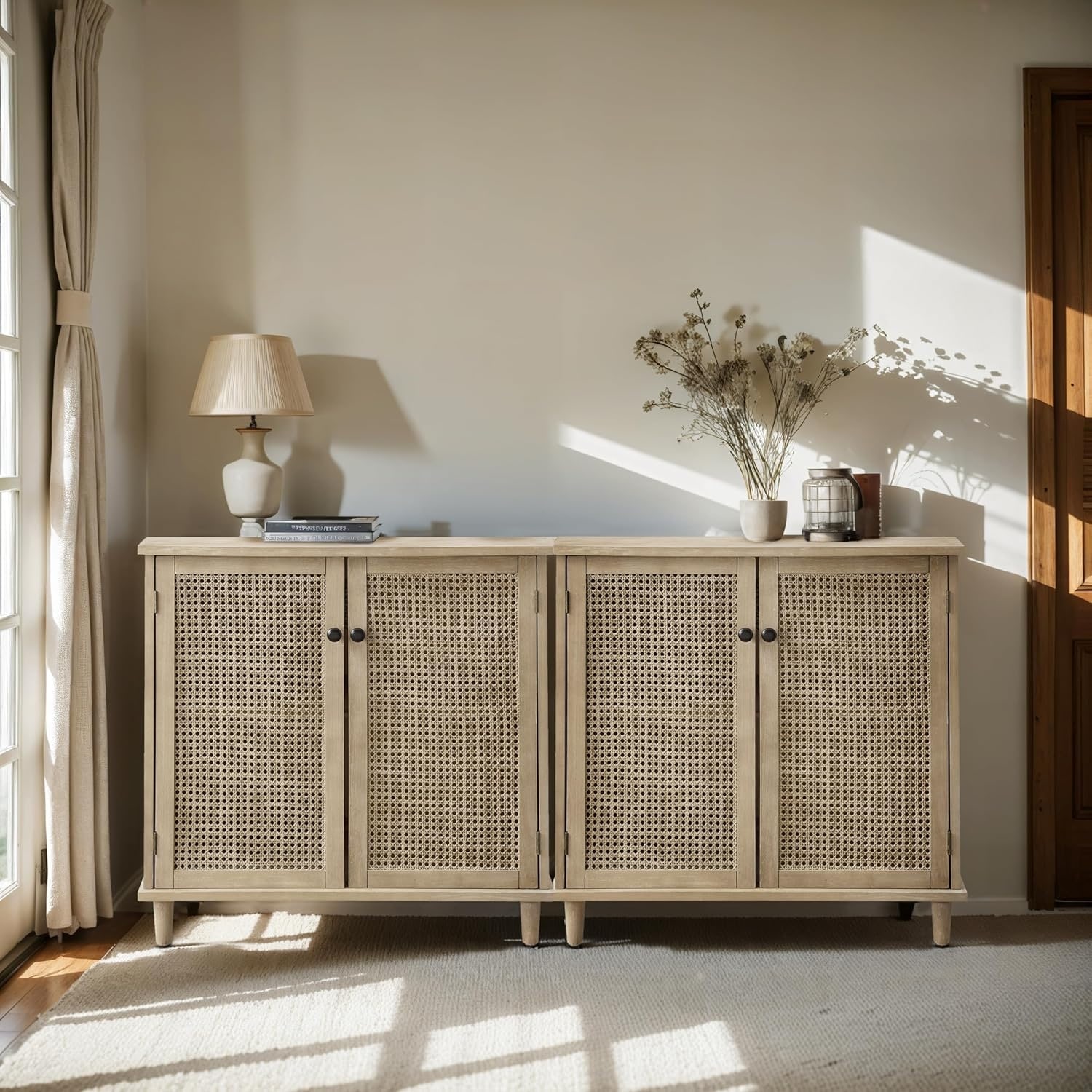 Sideboard Buffet Cabinet with Rattan Doors, 2-Door Storage for Hallway, Entry, Living Room, Natural, Set of 2