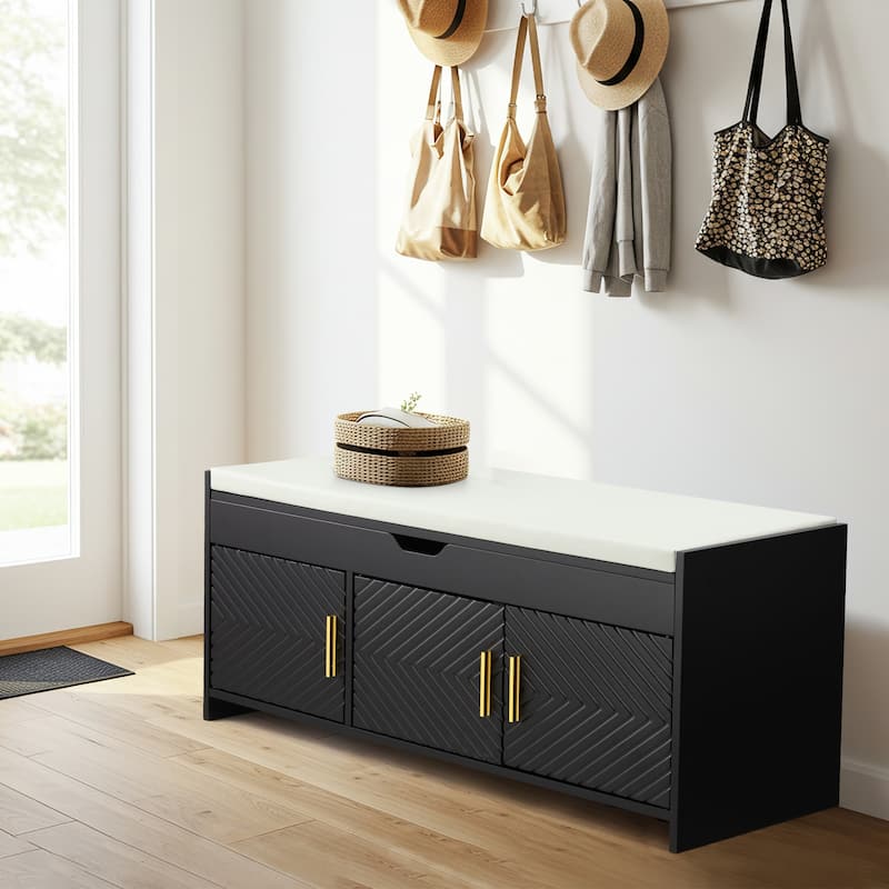Wooden Entryway Storage Bench with Cushioned Seat - Hidden Compartment Shoe Bench, Multipurpose Hallway & Bedroom Storage - Black