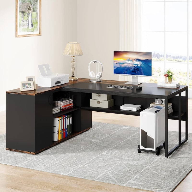 71" L-Shaped Executive Desk with Storage Cabinet & Shelves, Rustic Brown and Black