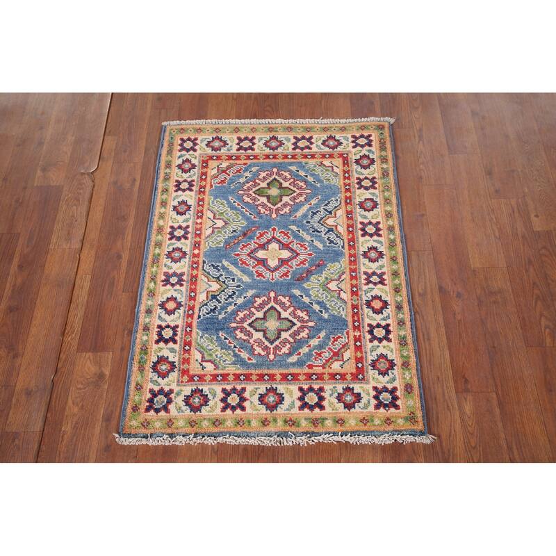 Blue Geometric Kazak Rug Handmade Oriental Wool Carpet - 2'1" x 2'10"