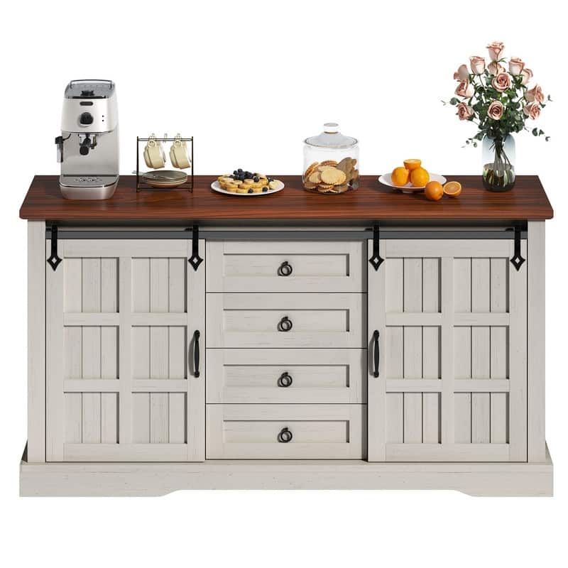 Farmhouse Sideboard Buffet Cabinet with Storage-Sliding Barn Doors and 4 Drawers