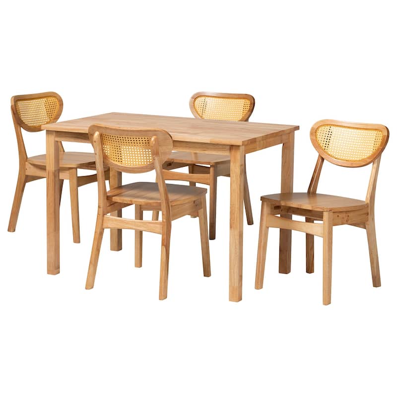 Haviland Mid-Century Oak Brown Finished Wood and Rattan 5-Piece Dining Set