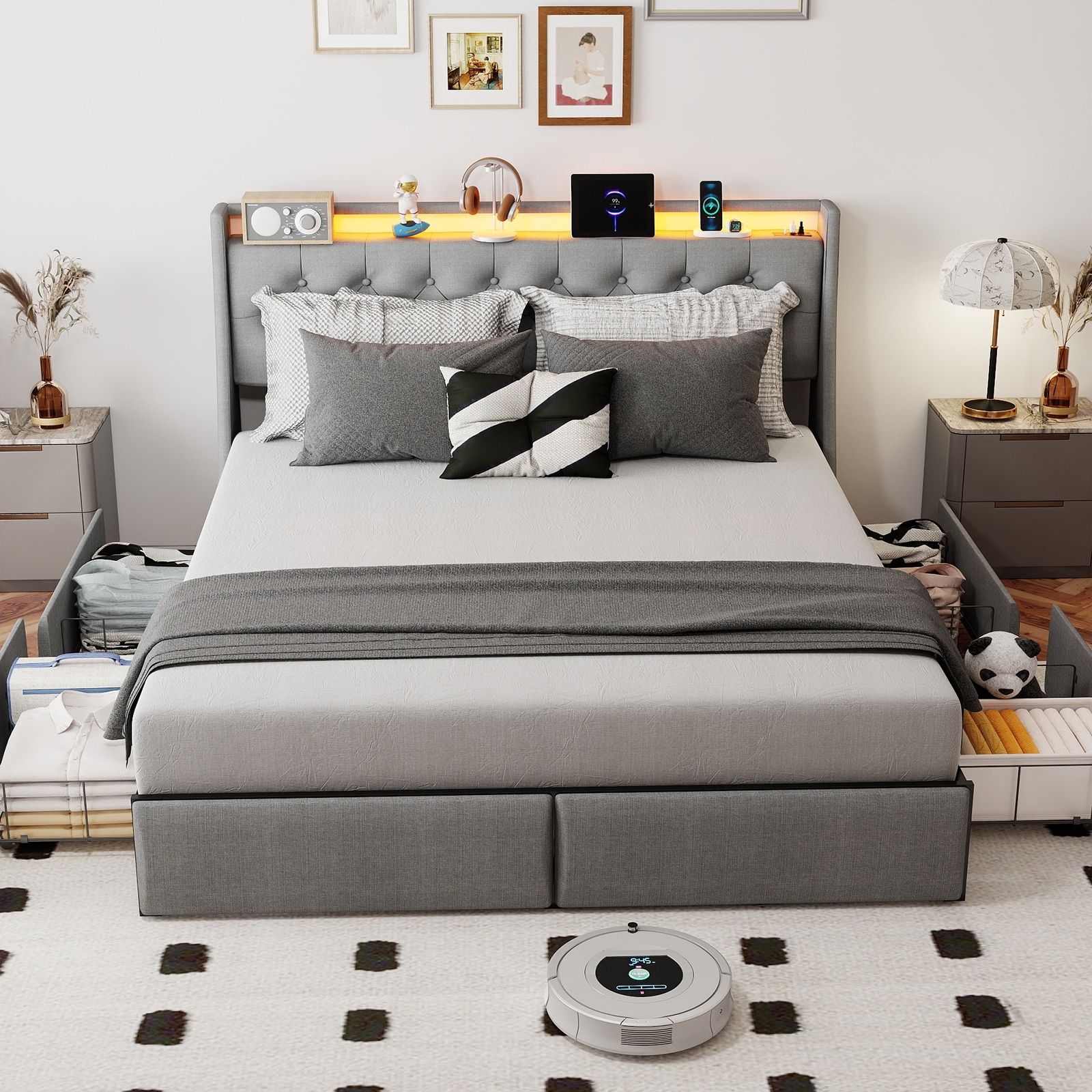 Queen Size Bed Frame with Storage Headboard and 4 Drawers, Metal Queen Bed Frame Platform with LED Light, Charging Station
