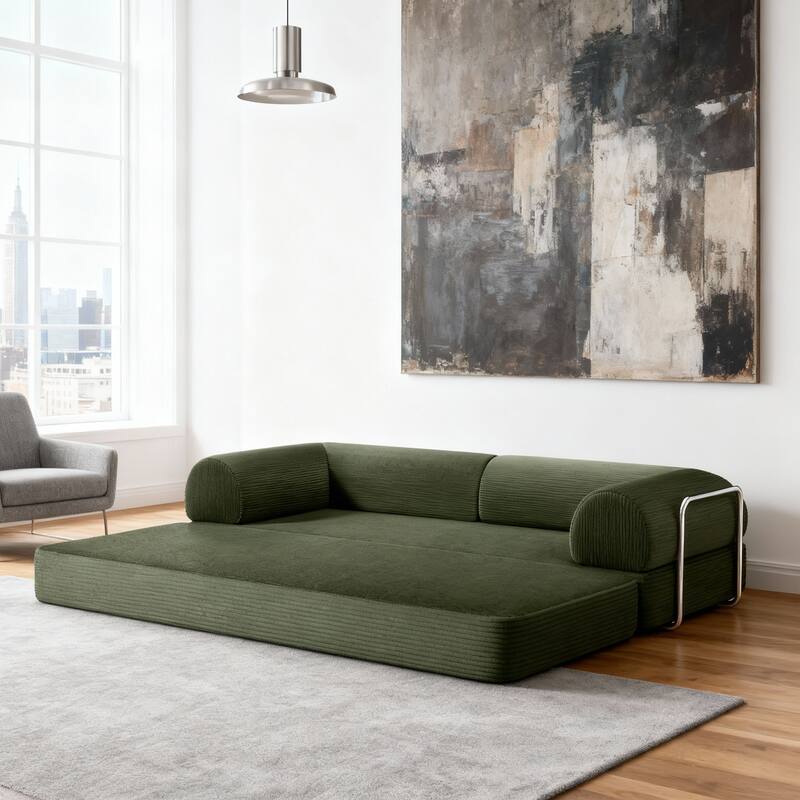 79" Contemporary Corduroy Module Comfortable Compressed Sofa - Olive Green
