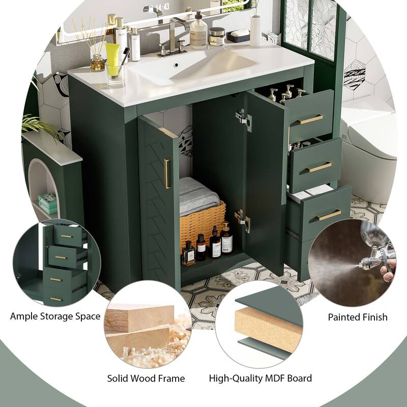 36" Bathroom Vanity with Ceramic Sink, Solid Wood Storage Cabinet, Freestanding 3-Drawer Vanity Set, Soft-Close Doors