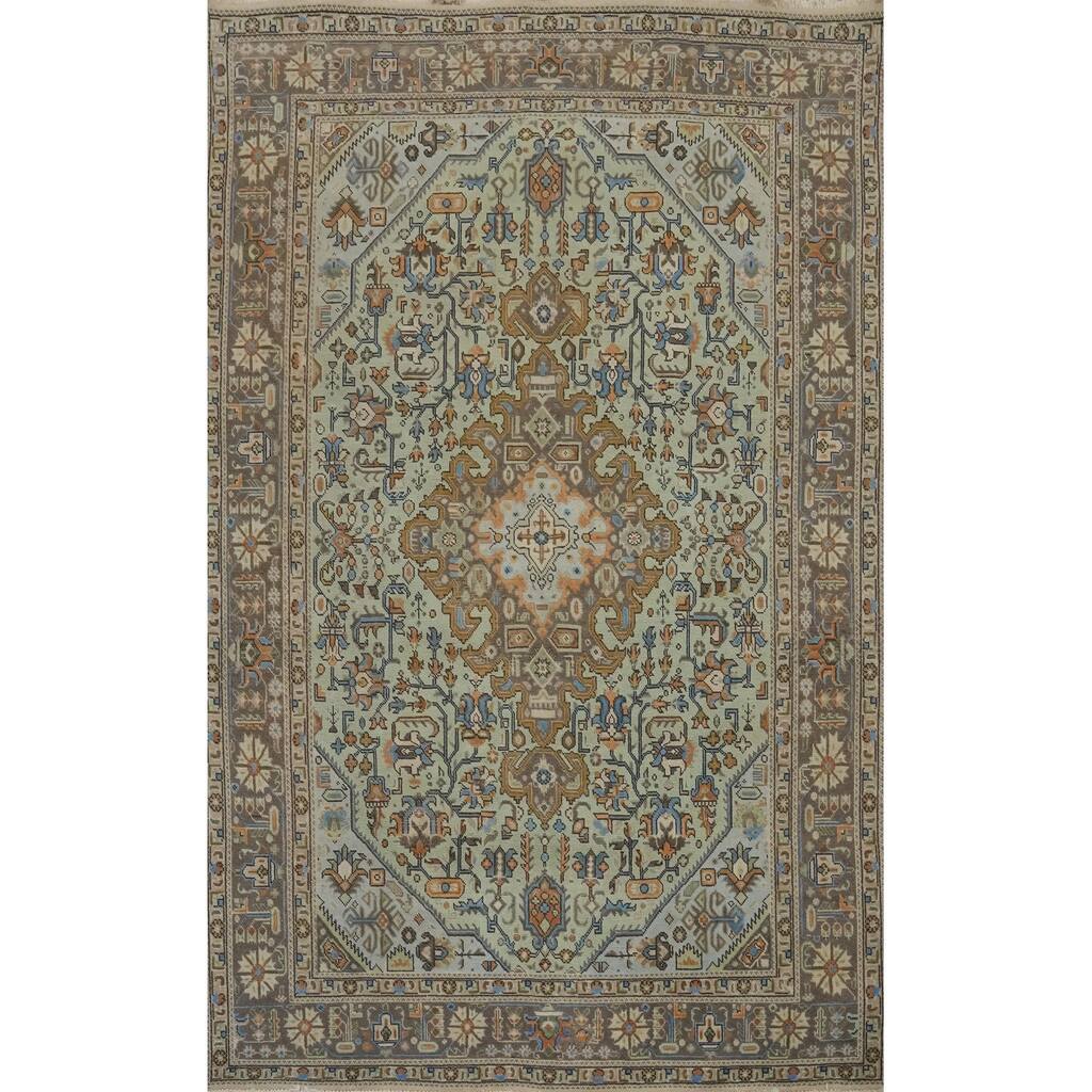 Hand Knotted Oriental 100% Wool Carpet Traditional Medallion Green Tabriz Area Rug - 9' 10'' X 6' 6''