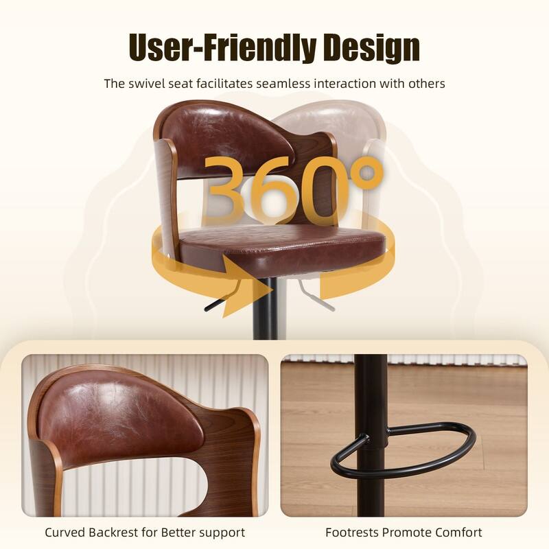 PU Leather Upholstered High-resilience Cushion 360° Swivel Adjustable Height Bar Stools with Footrest(set of 2)