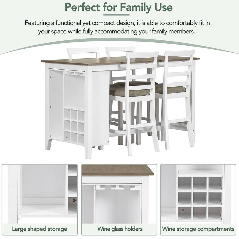 Multifunctional Rubberwood Counter Height Dining Table Set, 59.6" Counter Height Dining Table with 4 Upholstered Dining Chairs
