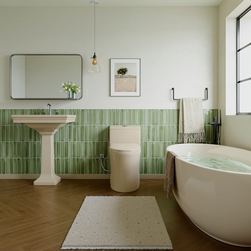 HOROW 1 Piece High Efficiency Dual Flush Elongated Toilet Biscuit 0.8 1.28 GPF Seat Included