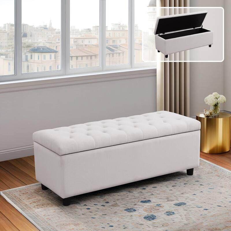 Elegant Gray White Storage Bench with Solid Wood Frame