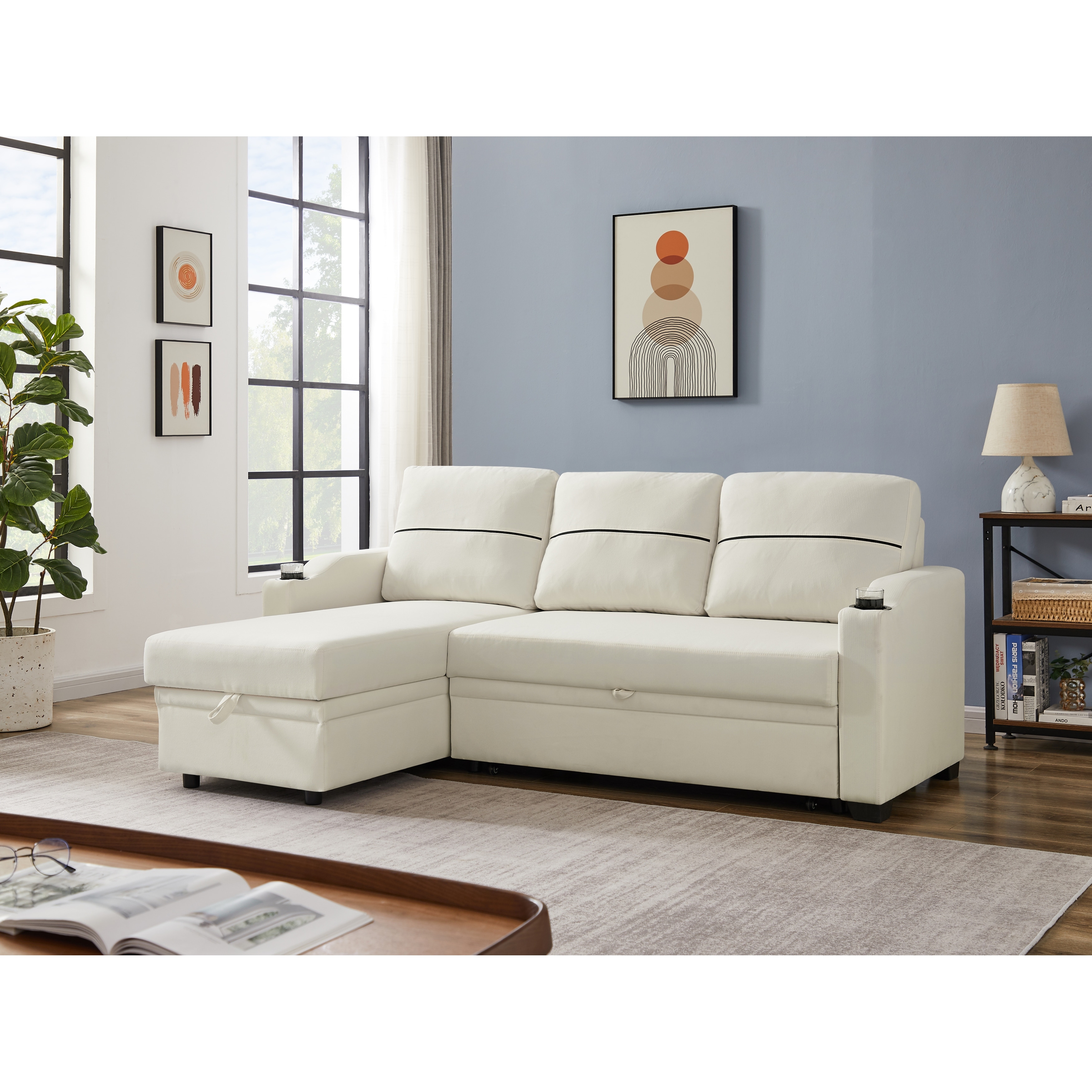 L shape Sectional Sofa Linen Padded Seat Pull out Corner Broaching