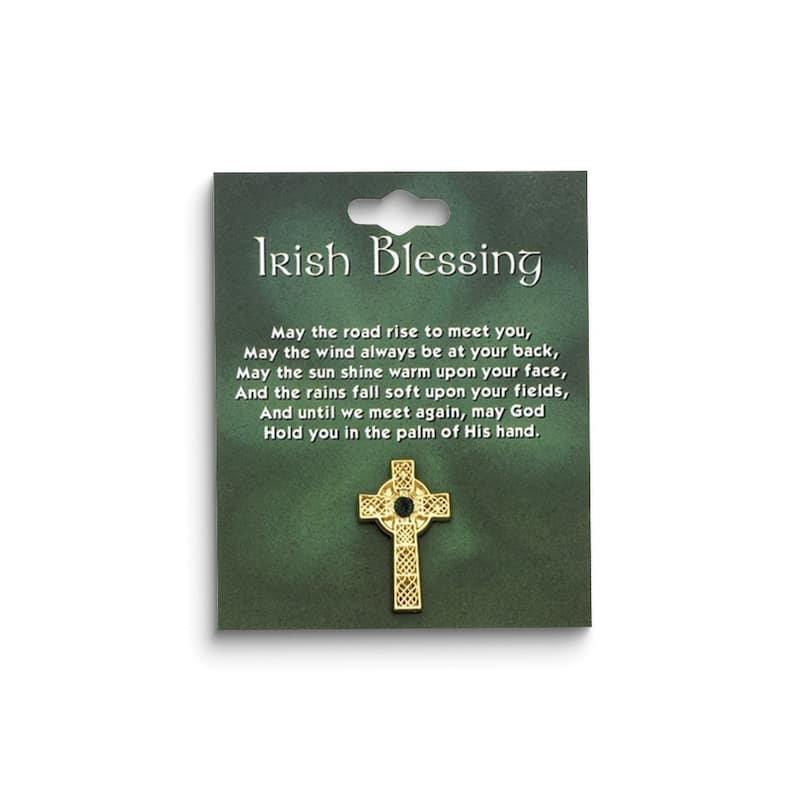 Curata Gold-Tone Celtic Cross Irish Blessing with Green Stone Lapel Pin