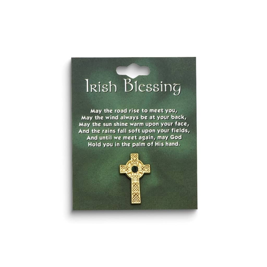 Curata Gold-Tone Celtic Cross Irish Blessing with Green Stone Lapel Pin