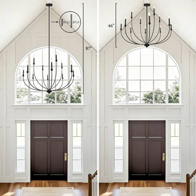 Oriea Modern Transitional 2-Tier 12-Light Black Wheel Chandelier for Large Living Dining Room Entryway - Dia. 48.8" x H 31.5"