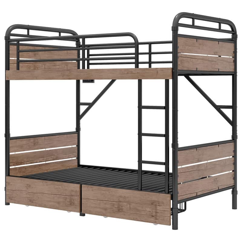 Metal Bunk Bed with USB Charging Station, LED Bunk Bed with 2 Storage Drawers, Safety Guardrail & Ladders