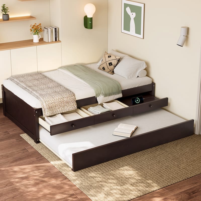 Full/Twin Platform Bed with Trundle, 2 Drawers & Built-in Power Outlets